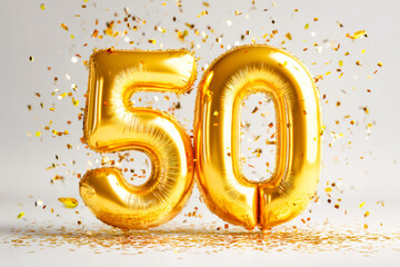 Celebrating a 50th milestone with golden foil balloons and confetti