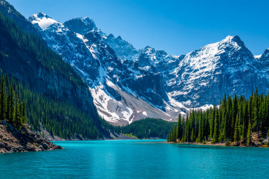 Serene mountain lake surrounded by snow-capped peaks and lush forested shores - Powered by Adobe