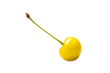 a single yellow cherry with a stem sticking out of it