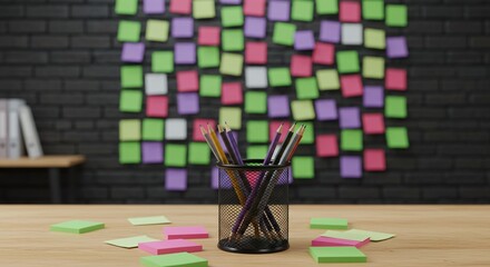 Sticky Note Brainstorm: Colorful Notes on Brick Wall with Pencils in Office - Creative Workspace for Planning, Ideas, and Reminders