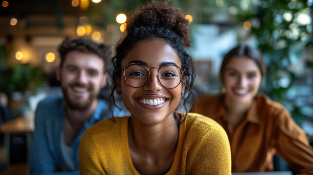 Collaborative video conference meeting with diverse young professionals in modern office setting