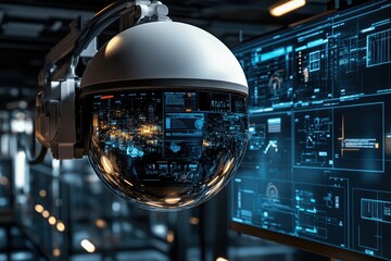Modern surveillance camera with digital interface in futuristic security control room, technology concept