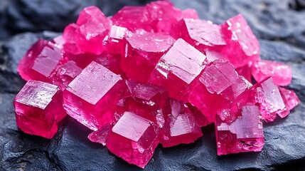 Close-up view of vibrant pink crystals on a dark surface.