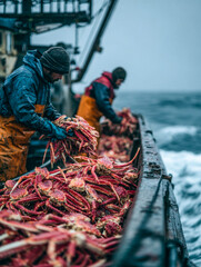 Image of Fishermen handling fresh crabs onboard a fishing vessel in rough seas printed on Printed Glass Basin Splashbacks