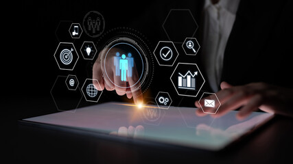 Business teamwork system showing digital communication and performance tracking. Teamwork improves...