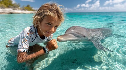 Blonde child playing with friendly dolphin in clear tropical sea near sandy beach
