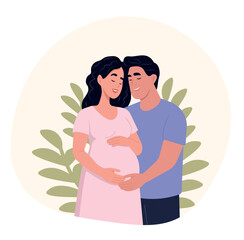 Young couple expecting a baby. The man gently embraces his pregnant wife, symbolizing love, care, and family support. Flat vector illustration on white background.