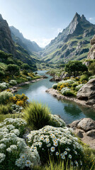 Obraz premium Calm mountain landscape with river, wildflowers, and lush greenery in summer, valley under clear blue sky
