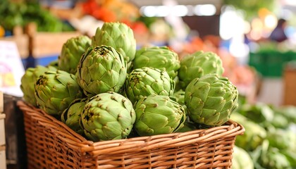 Obraz premium Fresh artichokes in a basket at a market (2)