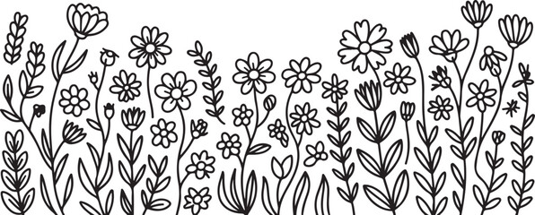 Fototapeta premium Black outline flowers and leaves border floral botanical