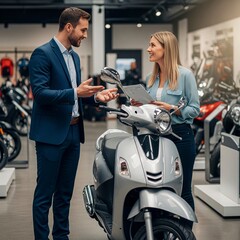Salesperson Discussing Features of a Silver Scooter with a Smiling Female Customer in a Dealership
