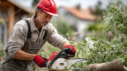 Skilled worker in protective gear using chainsaw to cut tree branches outdoors on a sunny day
