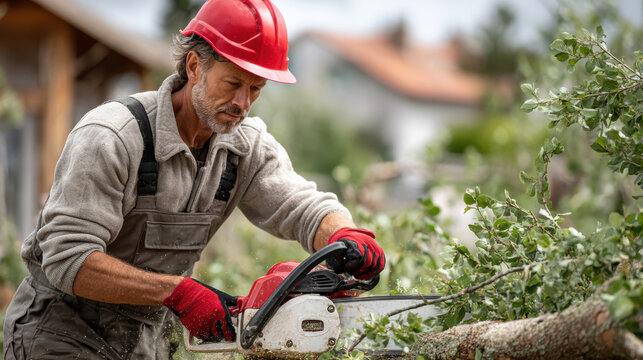 Skilled worker in protective gear using chainsaw to cut tree branches outdoors on a sunny day