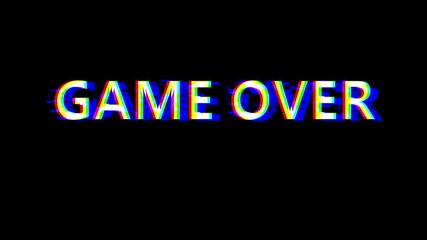 Looping animation of “GAME OVER” with RGB glitch effect on a black screen, perfect for gaming, retro, or error scenes.
