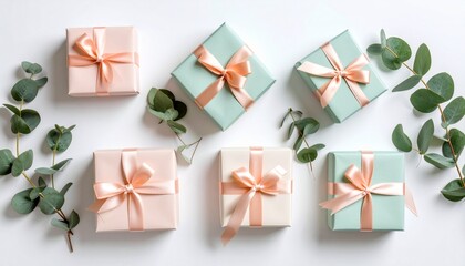 Pastel Gift Boxes with Ribbons and Green Leaves on Textured White Background