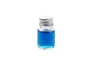 a bottle of blue liquid with a white cap