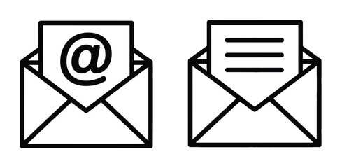 Vector art of two email icons one with an symbol and one with lines representing digital communication and correspondence
