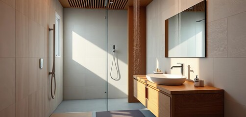 Sleek wooden vanity, rainfall shower, natural light, modern fixtures,  wellness,  bathtub