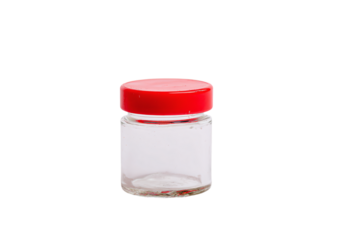 a small glass jar with a red lid