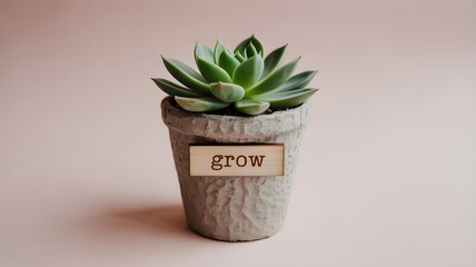 Cultivate growth mindset with this succulent plant in a pot with a 'grow' sign, inspiring success