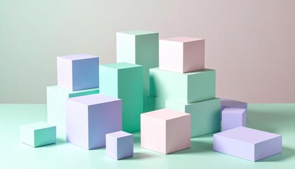 Obraz premium A surreal 3D scene of floating cubes and rectangular shapes in soft pastel colors