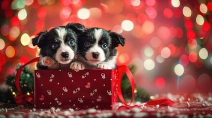 Small puppies gathered around wrapped holiday present indoors