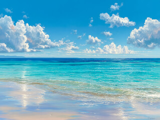 Fototapeta premium Serene ocean scene with clear turquoise waters and a bright blue sky filled with fluffy clouds