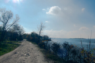 Path Along Shore: Walk Towards City Horizon