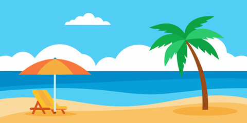 Tropical beach scene with palm tree umbrella and lounge chair