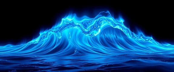 Electric blue aurora-like wave on dark background, resembling celestial water ,  fluid,  night sky