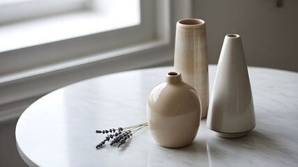 Elegant neutral vases and lavender sprigs on a modern marble table create a minimalist aesthetic