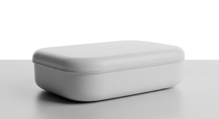 Blank rounded-edge lunchbox mockup placed on neutral tabletop, transparent background, 3d rendering, food container mockup, bento lunchbox design, reusable lunch case, packaging template