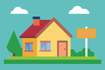 Fototapeta premium Flat design illustration of a yellow house with a sale sign in front