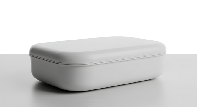 Blank rounded-edge lunchbox mockup placed on neutral tabletop, transparent background, 3d rendering, food container mockup, bento lunchbox design, reusable lunch case, packaging template