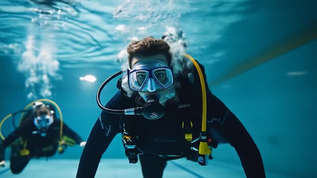 Underwater Exploration: Scuba Divers in Deep Blue Pool Adventure