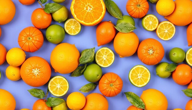 Vibrant seamless pattern featuring ripe oranges, lemons, and limes, arranged in a repeating geometric design, tropical, digital - Powered by Adobe