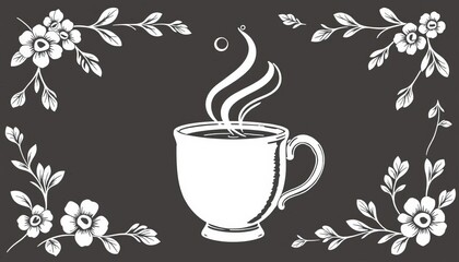 Whimsical black & white hand-drawn border framing a steaming coffee cup; tea party theme , element, frame