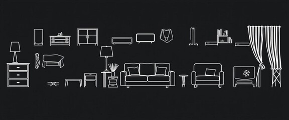 Top-down linear outlines of various furniture pieces for interior design;  isolated vector icons,  home decor,  side table