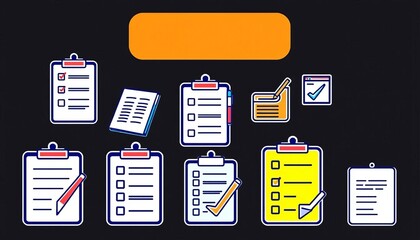 Line-style web icons depicting clipboards, checklists, reports, petitions, and surveys in a collection vector illustration, line, digital