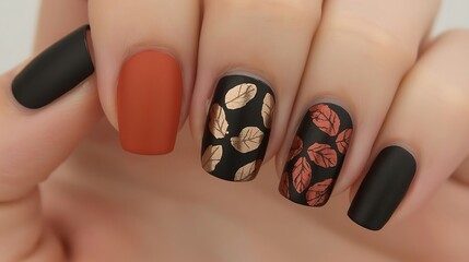Fall nail art in matte rust orange and jet black. The center nail features an intricate fall leaf pattern in metallic copper.