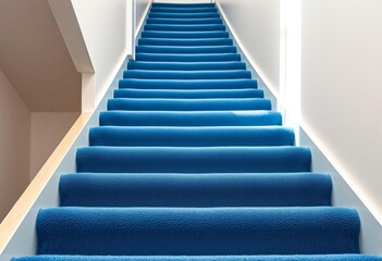 Blue carpeted stairs ascending, showing texture and detail,   grand,  house