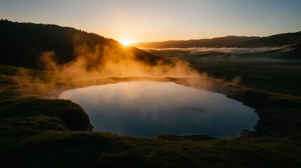 Fototapeta premium wide landscape view of natural thermal spring in valley, soft steam, untouched nature, early sunrise