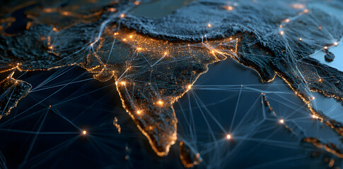 "Illuminated map of India and surrounding regions with glowing network lines, representing connectivity and technological advancement in the area."
