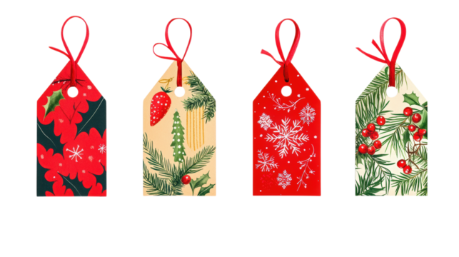 Assorted Holiday Gift Tags with Floral and Snowflake Designs Watercolor Illustration