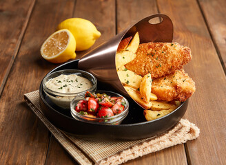 Crispy Fish Fillet and Potato Chips with Tartar Sauce and Fresh Tomato Salsa in plate side view of classic pub menu