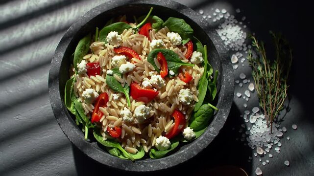 Orzo Pasta Salad with Spinach, Feta, and Roasted Red Peppers in a Stone Bowl, healthy lunch
