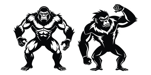 Powerful Ape Silhouette Vector | Gorilla Monkey Power Pose Clipart | Strong Primate Outline | Animal Strength SVG | Fitness Logo Design | Printable Art