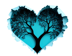 Abstract Torn Paper Heart Shape with Tree Branch Silhouettes Inside, Teal Background, Isolated PNG