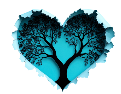 Abstract Torn Paper Heart Shape with Tree Branch Silhouettes Inside, Teal Background, Isolated PNG