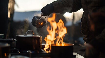 Winter survival cooking scene with flames and frost